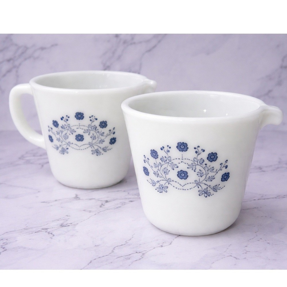 Vintage Corning Ware Blue Cornflower Milk Glass Measuring Cup Set of 2 White